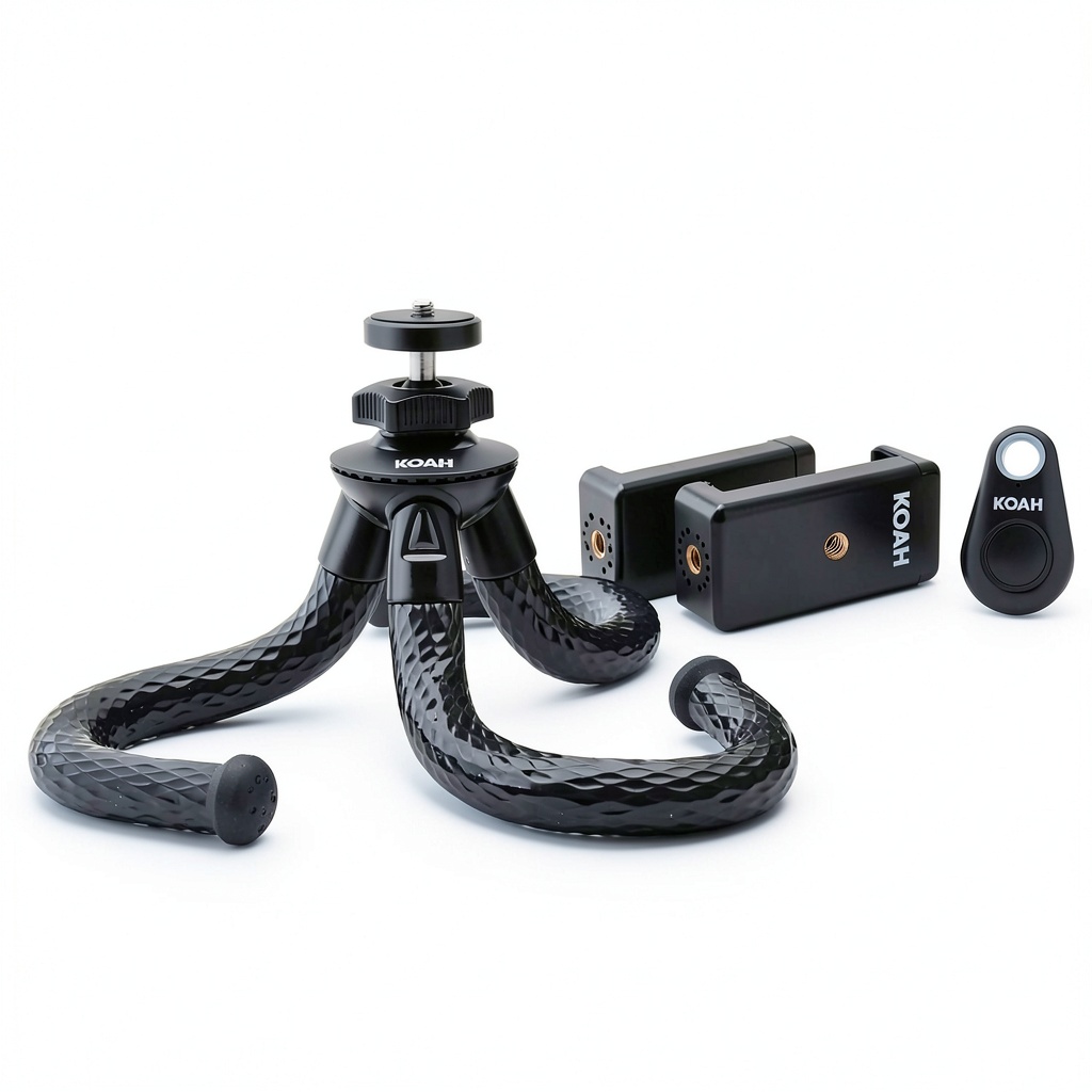 Flexible tripod mounted on a railing with smartphone attached