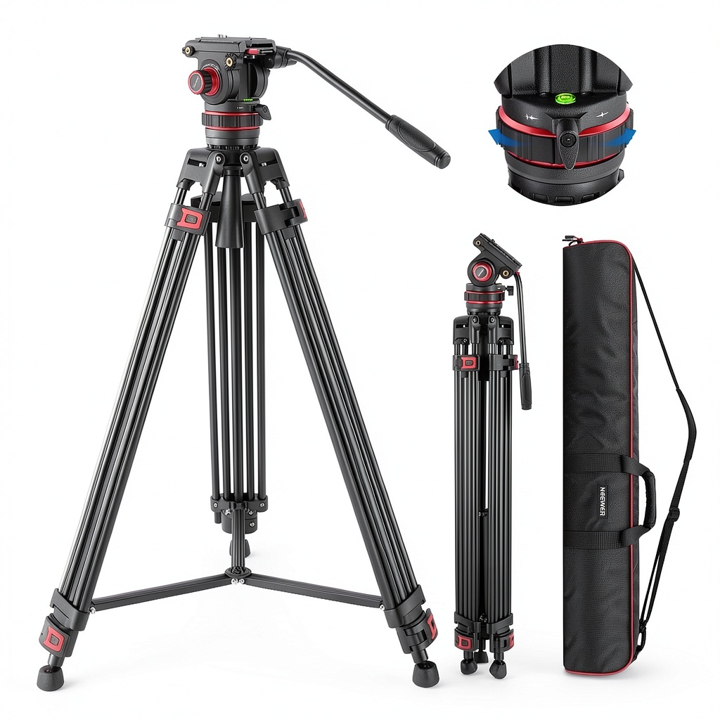 'Neewer video tripod extended on rocky terrain'