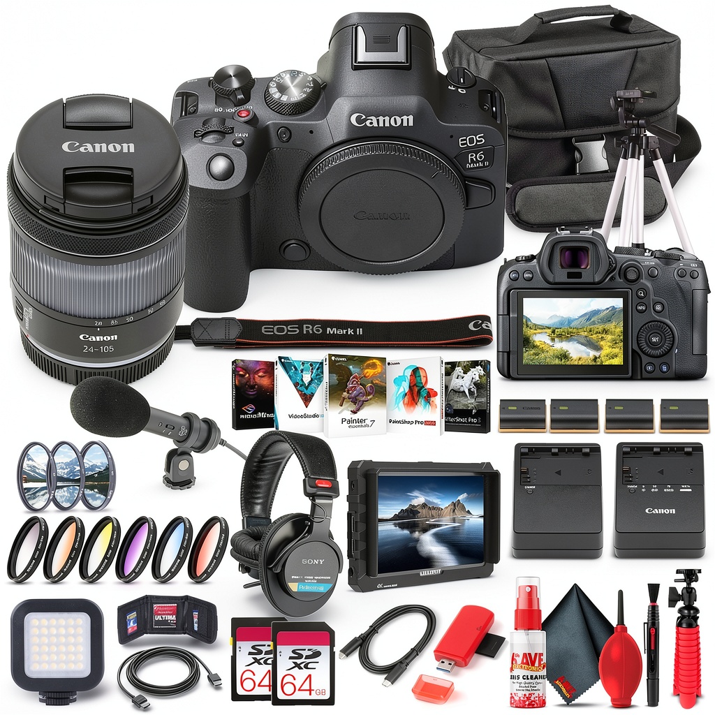 Canon EOS R6 Mark II camera with accessories on a studio setup