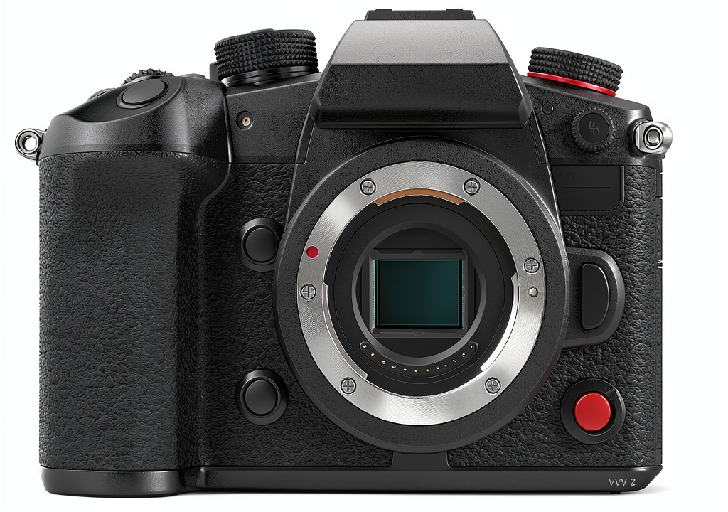 Panasonic LUMIX GH7 camera with lens and accessories displayed on a studio table