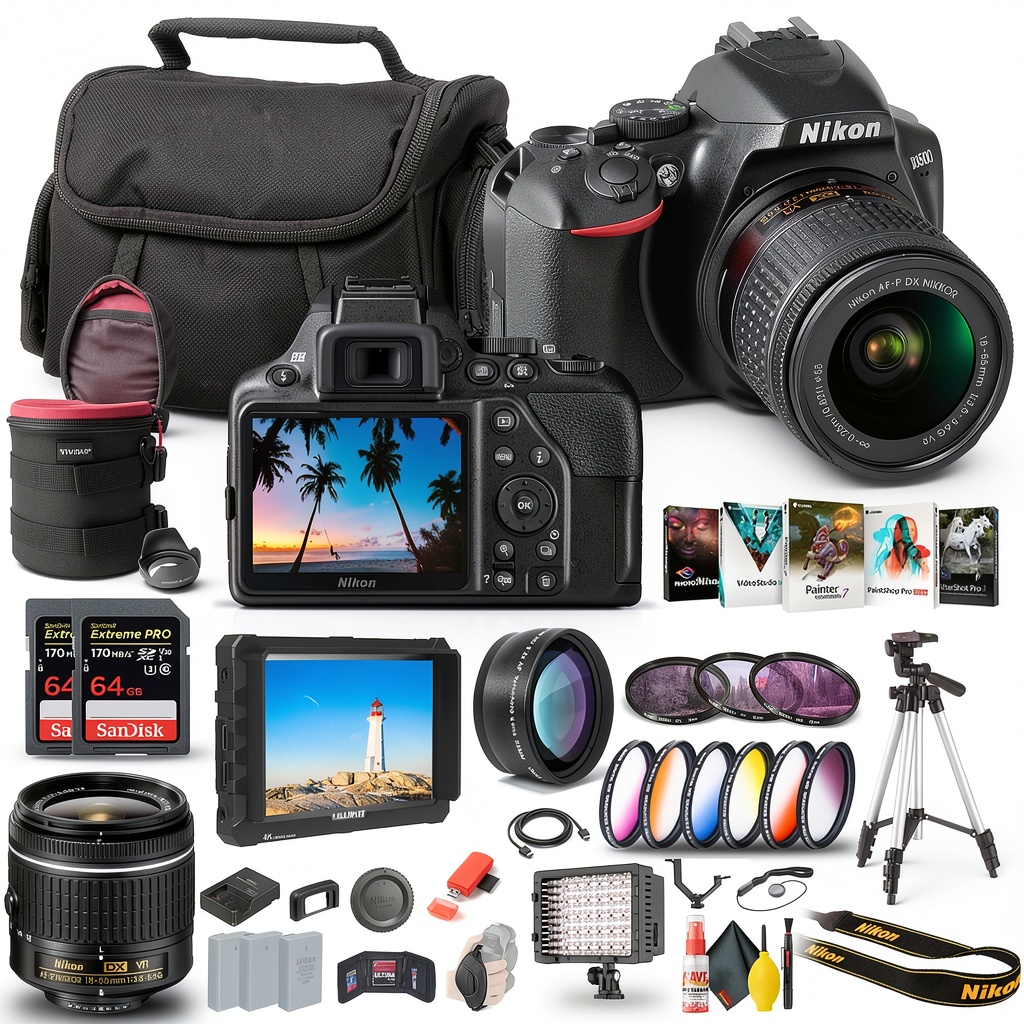 Nikon D3500 DSLR camera with lens and accessories displayed on a table